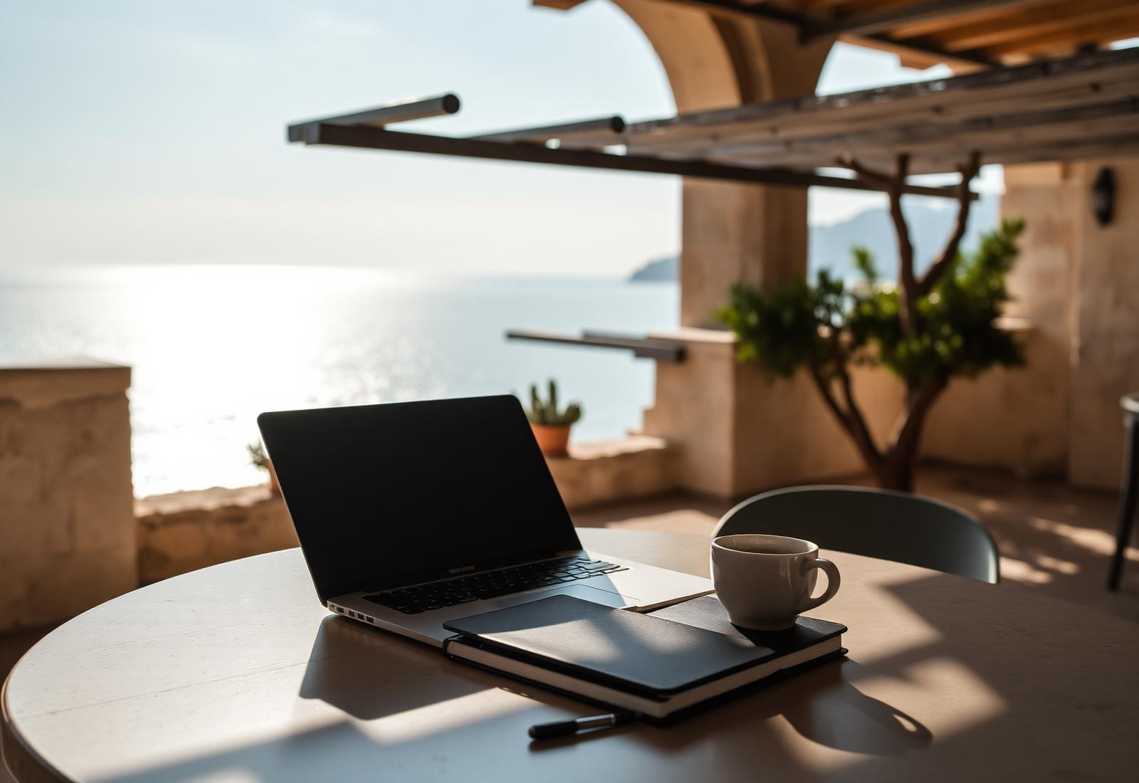 Laptop and coffee on a shaded stone terrace above the sea